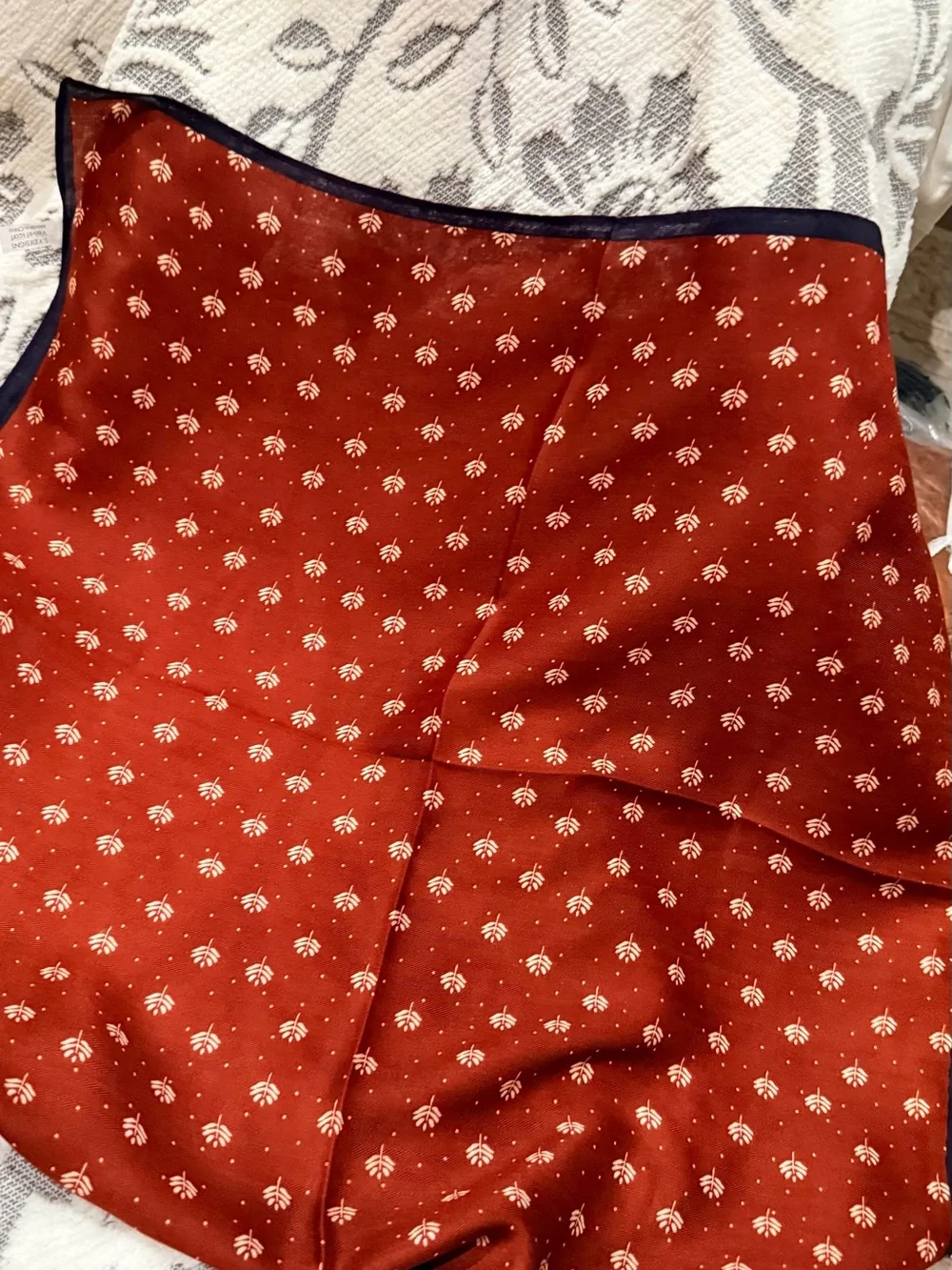 Rust Red Printed Scarf with Navy Trim